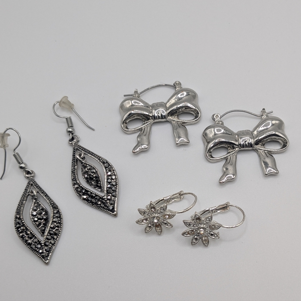 3 Pair Silver Tone Earrings